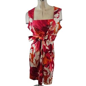 Evan Picone Size 16 Red and Orange Floral Dress Tie Front